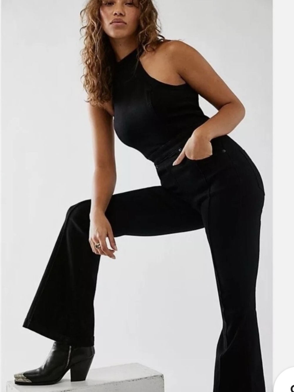 Free People Crvy Sydney Jumpsuit in black stretch denim. Size 8